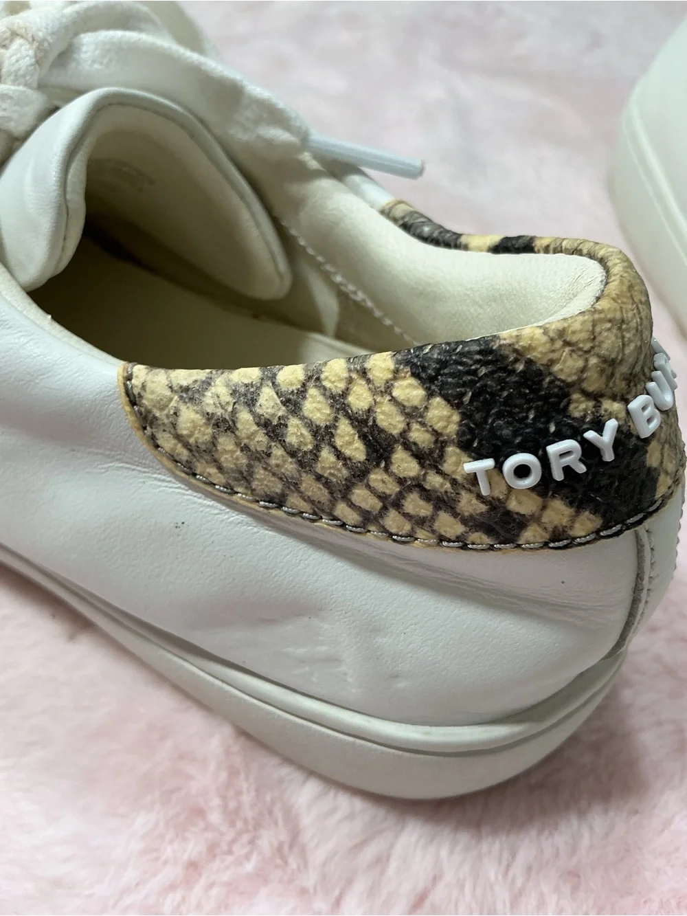 Tory Burch White Leather Sneakers with Black Logo and Snakeskin Trim 159